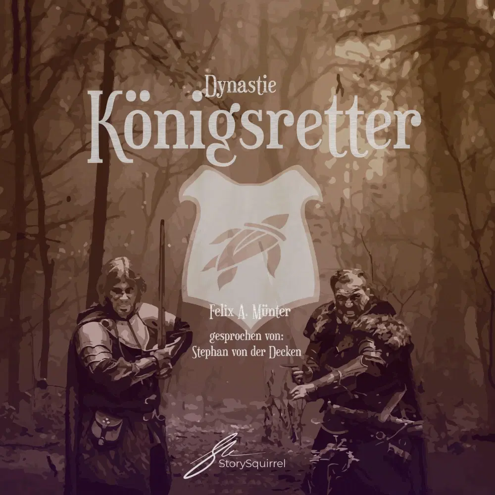 Hörbuch-Cover von 'Königsretter (Dynastie 1)' von Felix A. Münter. Das Cover zeigt eine düstere Waldszene mit zwei mittelalterlichen Kriegern in Rüstung und Fellkleidung, die kampfbereit mit Schwertern posieren. In der Mitte prangt ein großes Wappen mit einer stilisierten Schildkröte. Sepia-Farbton verleiht dem Cover eine historische Atmosphäre.