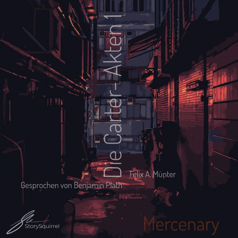 Hörbuch-Cover von 'Mercenary (Die Carter-Akten 1)' von Felix A. Münter. Das Cover zeigt eine düstere, stilisierte Gasse mit warmen, rötlichen Lichtreflexen an den Wänden. Im Hintergrund ist eine Silhouette zu erkennen, die eine bedrohliche Atmosphäre erzeugt. Der Titel ist vertikal entlang der linken Seite platziert, mit einer minimalistischen, modernen Typografie.
