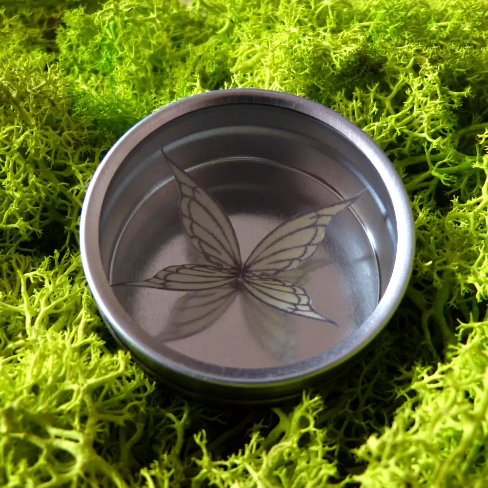 Kleiner Magnet mit filigranem Feenflügeln in einer runden Metalldose.