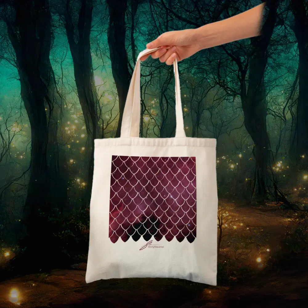 Beiger Baumwoll-Stoffbeutel mit rotem Drachen-Schuppenmuster auf der Vorderseite. Der Beutel wird von einer Hand gehalten und hängt vor einem mystischen Wald mit leuchtenden Lichtern im Hintergrund.